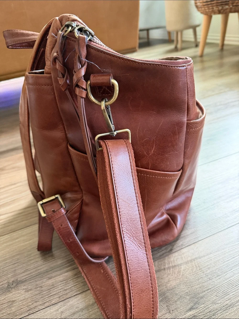 Azaria cognacLeather Baby Bag Backpack - Timeless Organizer
